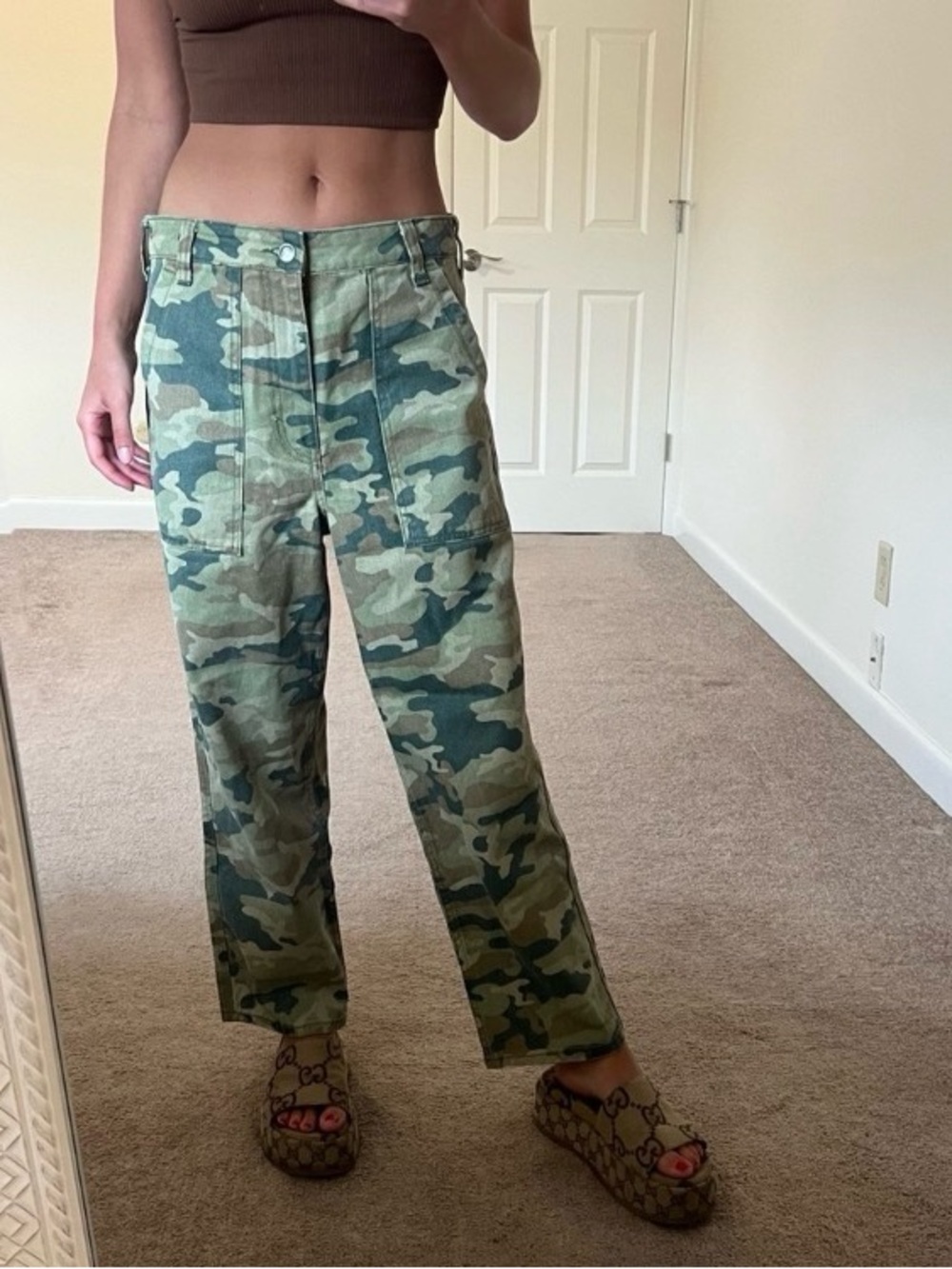 Free People High-Rise Camo Utility Jeans in Green